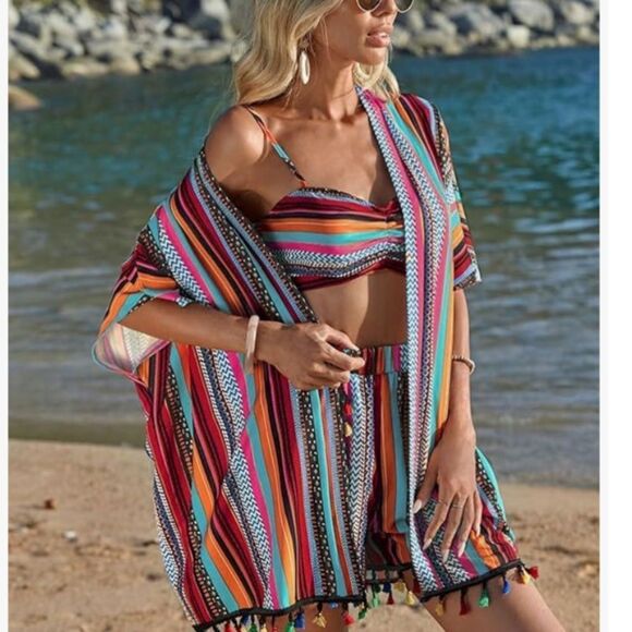 Verdusa Woman’s 3 pc Boho Shorts set with Kimono Sz Med - Picture 3 of 9